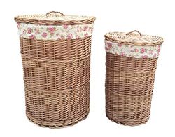 Red Hamper Set of 2 Light Steamed Round Laundry Baskets with Garden Rose Lining, Wicker, 60 x 46 x 46 cm