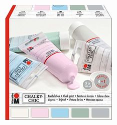Marabu 0261000000087 Chalky Chic Set com 5 tintas opacas de 100 ml, à base de água, fecho doseador, rolos, pintar e bolinhas em madeira, metal e plástico, aspeto desgastado