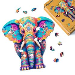 Figured'Art Träpussel vuxen och barn 200 bitar djur - majestätisk elefant - originaldesign 28,5 x 29 cm unik form med premium trälåda, perfekt att ge som gåva