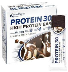 IronMaxx Protein 30 Barre Protéinée - Cookies et Crème 6 x 35g | Sans huile de palme, avec vitamines | Alimentation faible en sucre et Low-Carb