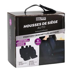 TURBOCAR - Housse de protection sièges voiture - Housse qualitech noir et gris - 9 pièces - Comprend: 2 sièges passagers avant + 5 appui-tête + 2 pièces banquette arrière(1 dossier 1/3 2/3 + 1 assise)