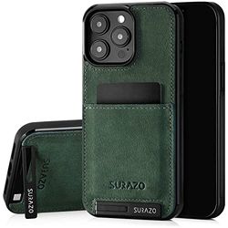 SURAZO Genuine Leather Back Case for Apple iPhone 15 Pro - Shockproof Leather Mobile Phone Case with Card Slot, Stand Function, Keychain - Dark Green