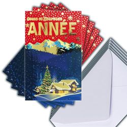 Set of 5 Shiny Gold Happy New Year Cards + 5 White Envelopes Size 14 x 9 cm - Magic Christmas Tree - End of Year Holidays Chalet Illuminated Under Snow Landscape Mountain Snowy Forest Starry Sky