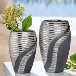 Pack of 4 Vase, striped, Ceramics, anthracite, silver colored, PU 4, L. 8 cm, W. 13 cm, H. 20 cm