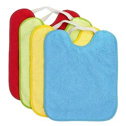 Ti TIN Pack de 4 Baberos con Cierre de Goma Elástica – 90% Rizo de Algodón, Impermeable, Lavable a Máquina, Extra Suaves, Ideal para Guardería, Colores Vivos, 33x27 cm