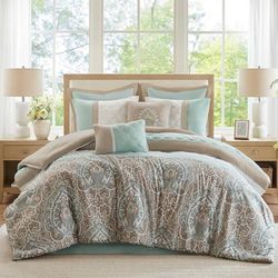 510 DESIGN All Season Down Alternative Bedding with Matching Shams, Decorative Pillow, Microfiber,Polyester, Shawnee Scrollwork Seafoam, King