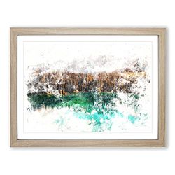 Mountain View Reflection Watercolour Modern Framed Wall Art Print, Ready to Hang Picture for Living Room Bedroom Home Office Décor, Oak A2 (64 x 46 cm)