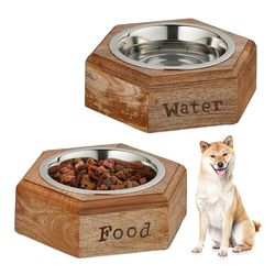 Relaxdays dubbele hondenvoerbak met standaard, 2 rvs voerbakken, 7,5 x 23,5 x 21 cm, 1 L, voer en water, natuur/zilver