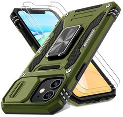 DEERLAMN Hoesje voor iPhone 11 met schuifcamera-hoes en schermbeschermer (2 stuks), gedraaide ringstandaard, militaire kwaliteit, schokbestendige beschermhoesje-olijfgroen
