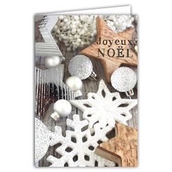 Tarjeta de Feliz Navidad plateada brillante con sobres blancos, formato 12 x 17,5 cm, diseño escandinavo, foto estrella, copo de madera, árbol de árbol y bolas mejores deseos de fin de año. Fabricado