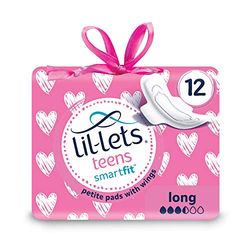 Lil-Lets Teens Long Pads X 12, Petite Towels for Girls & Teenagers, with Wings, for Medium Flow, Unscented, Soft & Breathable, First Period Sanitary Towels, 1 Pack of 12 Pads