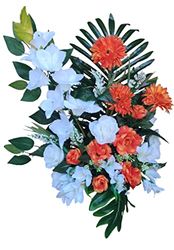 DRW Kunstbloemenvaas, begraafplaats, heiligen, jubilea, oranje en wit voor direct aanbrengen in de uitsparing 70 cm hoog x 49 cm breed x 30 cm diep