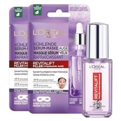 L'Oréal Paris - Rituel Soins Yeux Anti-Rides - À l'Acide Hyaluronique & Caféine - 1x Sérum à Applicateur Roller Triple-Bille (20 ml) & 2x Masques Tissu - Revitalift Filler
