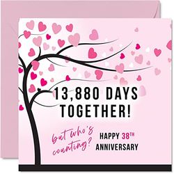Grappige 38e verjaardag kaart voor vrouw of echtgenoot - 13880 dagen samen - I Love You cadeaus, gelukkige 38e huwelijksverjaardag kaarten voor partner, 145 mm x 145 mm wenskaarten voor achtendertigste jubilea