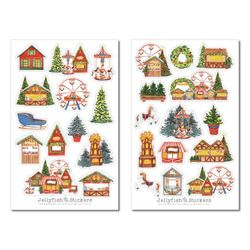 Set di adesivi per mercatini di Natale - Adesivi per diari, adesivi per planner, adesivi Vacanze, Natale, Inverno, ruota panoramica, abete, giostra