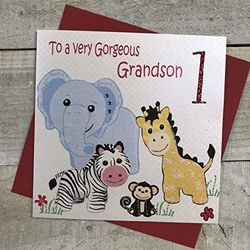 WHITE COTTON CARDS "to A Muy Gorgeous Nieto 1, Animales de Safari Hecho a Mano 1st Tarjeta de cumpleaños