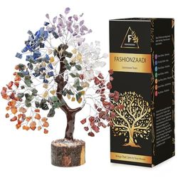 FASHIONZAADI Seven Chakra Gemstone Crystal Tree - Feng Shui Bonsai Money Natural Healing Crystals Chakras Reiki Stones Good Luck Home Decoration Gift Office Décor Size 10-12 Inch (Silver Wire)