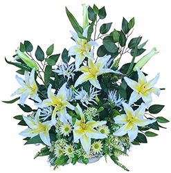 DRW Centrum voor kunstbloemen, begraafplaats, heiligen, jubilea, geel en wit, 64 cm hoog x 70 cm breed x 30 cm diep