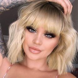 MISSQUEEN Short Ombre Blonde Wigs Wavy Bob Wig with Bangs Women Synthetic Curly Pastel Bob Wig for Girl Colorful Cosplay Wigs