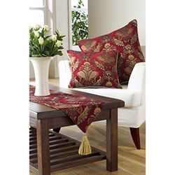 Paoletti Shiraz - Caminho de mesa, cor vermelha e dourada, bordado de damasco, forro antiderrapante, com borlas, 100% poliéster, 33 x 230 cm, fabricado pela Riva