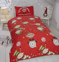 Rapport Home Naughty Elves Single Duvet Cover Children's Christmas Bedding Set Festive, Cotton, Red, 2 pieces