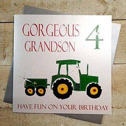 WHITE COTTON CARDS Tracteur Gorgeous Grandson 4 Have Fun on Your Birthday Carte de 4e Anniversaire Faite Main
