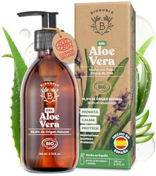Bionoble Gel de Aloe Vera Orgánico 200ml - Hecho con Pulpa Fresca de Aloe 100% Puro y Lavanda - Sin Xantano - Rostro, Contorno de Ojos, Cuerpo, Cabello - Botella de vidrio + Bomba
