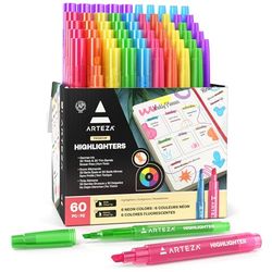 ARTEZA Coloured Highlighter Pens, Set of 60, Wide and Narrow Chisel Tips, 6 Assorted Neon Colours