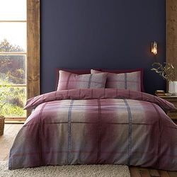 Catherine Lansfield Brushed Cotton Melrose Tweed Check Reversible King Duvet Cover Set with Pillowcases Plum