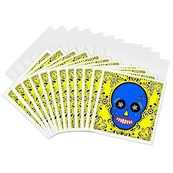 Día de los Muertos Sugar Skull Doodskop Día de los Muertos Sugar Skull Blauw Geel Zwart Scroll Design - Wenskaarten, 6 foto, Set 12 (GC 28875 schroevendraaier 2)