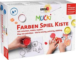 KREUL 29100 – Mucki fingerfärg, färger spellåda, vi blandar, måla, pricka, inlärnings- och lekset, 5 x 50 ml fingerfärg, 2 små burkar att blanda färg och 10 målarbilder