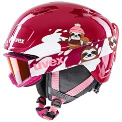 uvex Heyya Set - Casque de Ski avec Lunettes Comprises pour Enfants - Réglage de la Taille Individuel - à Contraste Accentué - Berry - White Sloth - 46-50 cm