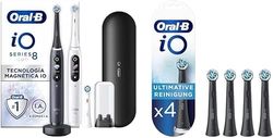 Oral-B iO 8 Cepillos Eléctricos Recargables, Mangos Blanco Y Negro, 3 Cabezales De Recambio, 1 Funda De Viaje + Ultimate Clean Recambios Cepillo de Dientes Eléctrico, Pack de 4 Cabezales, Negro