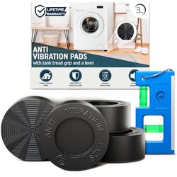 Anti Vibration Pads with Tank Tread Grip, 4 Pads + Level - Washer & Dryer Pedestals Fit All Machines - Noise Dampening, Protects Laundry Room Floor - Anti Vibrasion Pads for Washing Machine