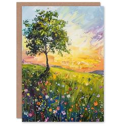 Artery8 Tree Wildflower Meadow at Sunrise Oil Painting Greeting Birthday Card Him Her All Blank