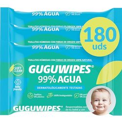 Guguwipes Babydoekjes, 99% water, zonder plastic, 180 stuks (verpakking van 60 x 3), vezels van 100% natuurlijke oorsprong