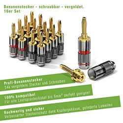 conecto CC50643 banaanstekker high-end professioneel (100% koper!) voor alle luidsprekerkabels met een diameter van max. 6 mm², 16 stuks met kleurcodering (8X rood, 8X zwart), 24k verguld
