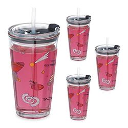 Relaxdays Set de 4 Vasos Infantiles, Diseño Espacio, Tapa y Pajita, 450ml, Vasito Cristal Niños, para Zumo, Transparente, Silicona