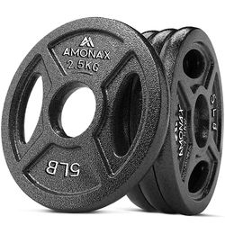Amonax Set di dischi pesi, dischi palestra da 2,5kg, 5kg, 10kg per barre olimpiche da 50mm, pesi per bilanciere per sollevamento e hip thrust, pesi ghisa per la tua palestra domestica