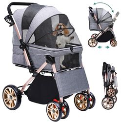 YITAHOME Poussette pliable pour petit chien avec poignée réversible, fenêtres en maille, porte-gobelet, roues EVA pivotantes à 360° avec freins (gris)
