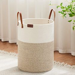 VIPOSCO Grand panier de rangement en corde tressée avec poignée en cuir Blanc/marron 58 l