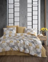 Nuit Des Rêves Premium Ranforce Double Quilt Cover Set (200 x 200 cm), 100% cotone, giallo/bianco/grigio, include 2 custodie per pillow (80 x 80 cm), lavabile in lavatrice a 40 °C