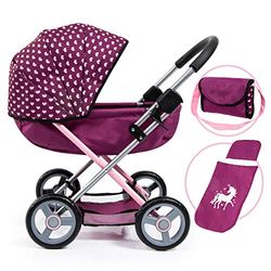 Bayer Design 12737AA Cochecito de Munecas Cosy, Plegable, con Bolsa, Manta y Almohada, Rosa, Ciruela, Unicornio