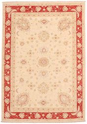 Rugs of London Traditional Afghan Handmade Garous Zeigler Rug 7'8 x 5'5, Red Border Beige Ground, 240 x 170