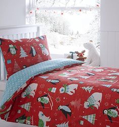 Frosty Friends Parure de lit avec Housse de Couette et taie d'oreiller Parure de lit Arbres de Noël Pingouins, Rouge, pour Enfant