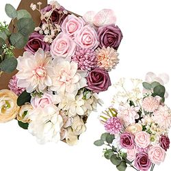 OrgMemory Artificial Flowers, Foam Fake Combo Box Set, Flowers with Stems, for DIY Floral Arrangements Bouquets Wedding Party Home Baby Shower Decor (Champagne Dusty Pink)