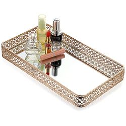 ELLDOO Plateau Miroir de Rangement sculpté pour Maquillage, Bijoux, en Verre et en métal, Plateau décoratif pour Commode, Salle de Bain, comptoir, Grande Taille, doré