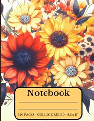Composition Notebook - Orange Yellow Sunflower Design: College Ruled - 120 Pages - 8.5 x 11": 9/32" (7.1 mm) Line Spacing with Vertical Margin 1⁄4" (32 mm)