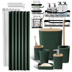 Shower Caddy and Bathroom Accessories Set 25PC Bathroom Accessory Set with Shower Shelf Caddy for Bathroom Storage, Green Shower Curtain Set, Toilet Brush, Trash Can, Soap Dispenser, Toothbrush holder