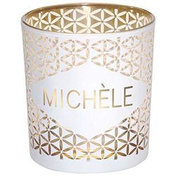 Draeger Paris Michele Name Tealight Holder in White Glass and Gold, H8 x L7.5 cm